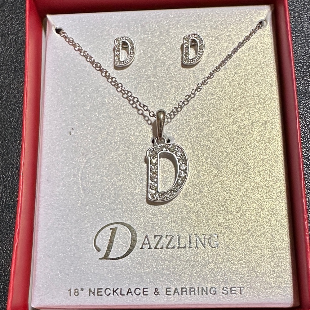 110.  Dazzling D Initial Silver Tone Earring & Necklace Set